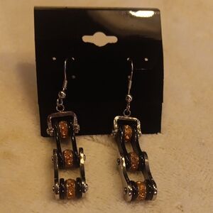 Unique Stainless Steel Motorcycle Chain Dangle Earrings in Black and Amber/Gold
